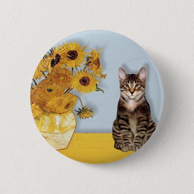Sunflowers - Tabby Tiger cat 30 Button (Front)