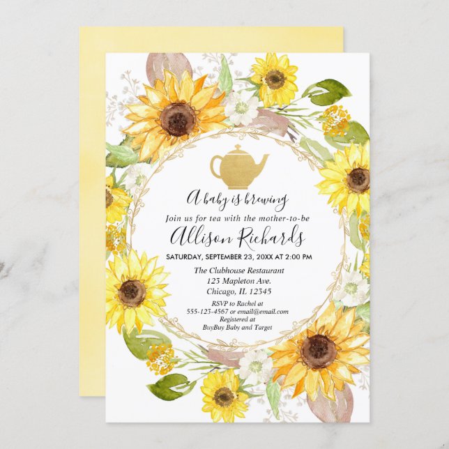 Sunflowers Tea party baby shower invitation (Front/Back)