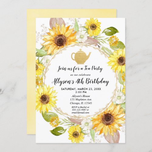 Sunflowers tea party birthday invitation