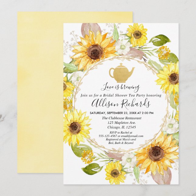 Sunflowers Tea party bridal shower invitation (Front/Back)