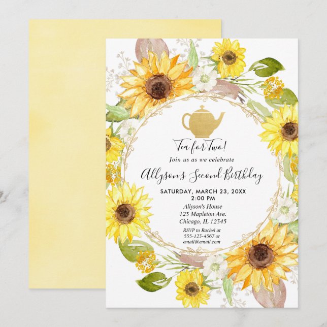 Sunflowers tea party tea for two birthday invitation (Front/Back)