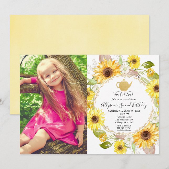 Sunflowers tea party tea for two birthday photo invitation (Front/Back)