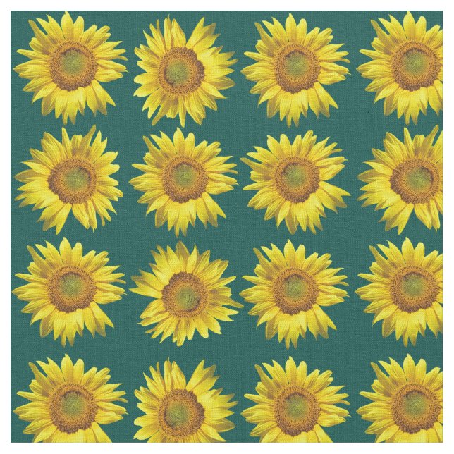Sunflowers Teal Pattern Sewing Material Fabric (Close Up)