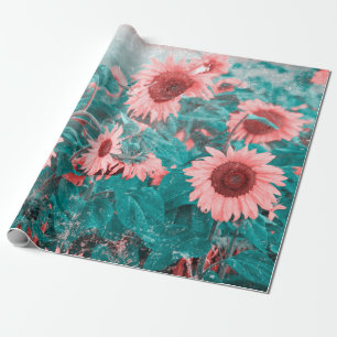 Sunflowers Teal Pink Floral Vintage Decoupage Art Wrapping Paper