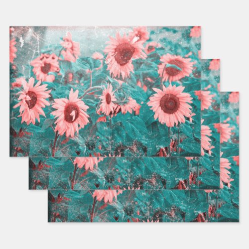 Sunflowers Teal Pink Floral Vintage Texture Art Wrapping Paper Sheets
