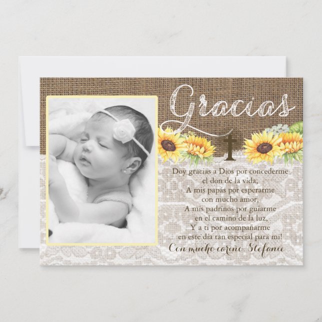 Sunflowers Thank you Gracias for Baptism Bautizo Card (Front)