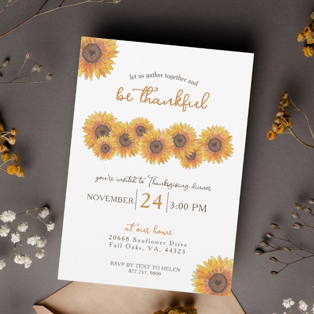 Sunflowers Thanksgiving Dinner  Invitation (Cute Watercolor Sunflowers Thanksgiving Dinner Invitation)