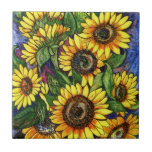 Sunflowers Tile<br><div class="desc">A colorful drawing of fresh sunflowers on a blue background.</div>