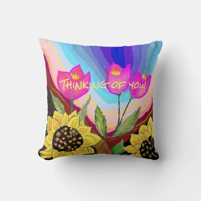 Sunflowers Tulips & Love Thinking of You Throw Pillow (Front)