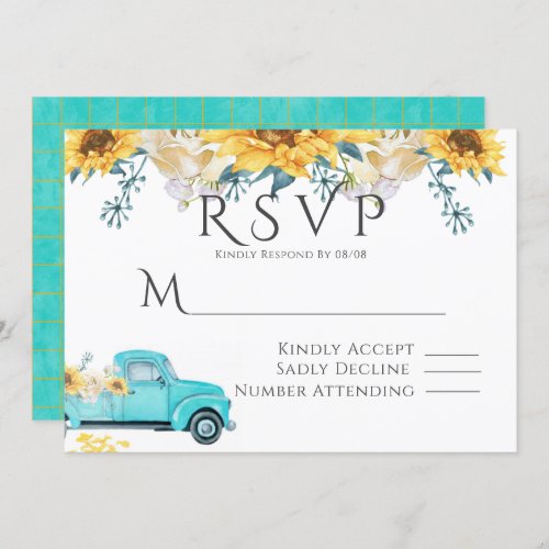 Sunflowers Turquoise Vintage Truck Wedding RSVP Invitation