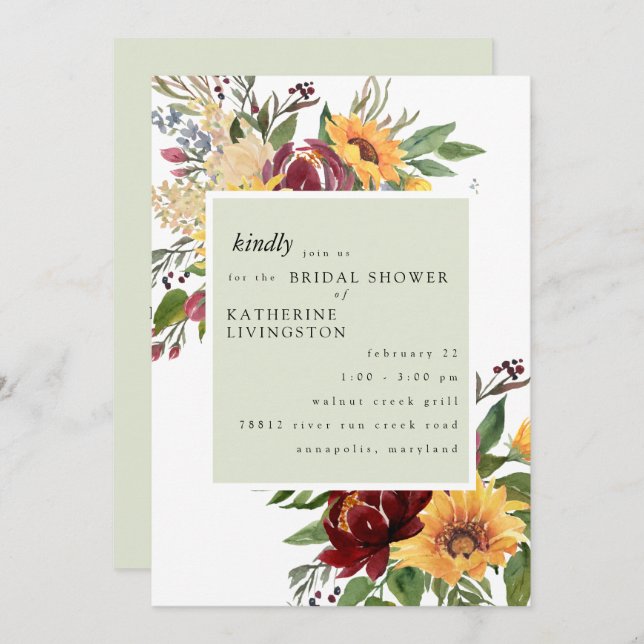 Sunflowers Tuscan Mint Bridal Shower Invitation (Front/Back)