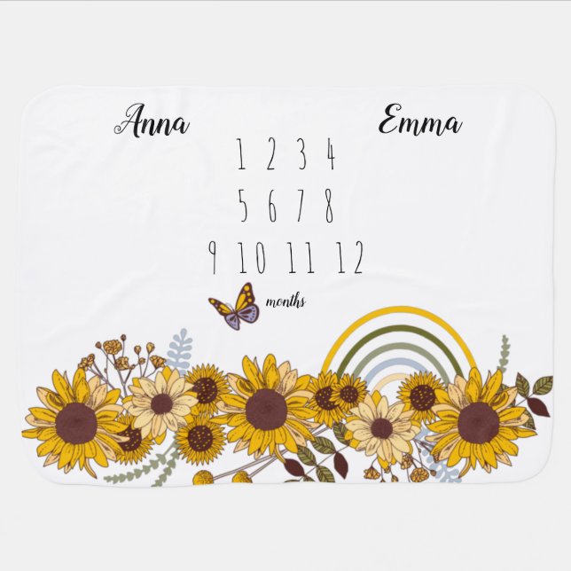 Sunflowers Twins Monthly Milestone Fleece Blanket (Horizontal)