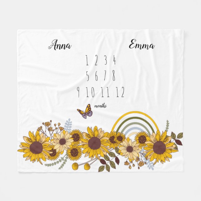 Sunflowers Twins Monthly Milestone Fleece Blanket (Front (Horizontal))