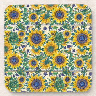 Sunflowers. Ukrainian Petrikivka folk art pattern. Beverage Coaster