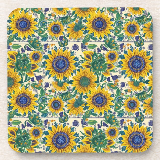 Sunflowers. Ukrainian Petrikivka folk art pattern. Beverage Coaster (Front)