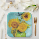 Sunflowers Vincent van Gogh   Paper Plates<br><div class="desc">Sunflowers (1888)  Vincent van Gogh. Still life on a blue background. A bright bouquet of sunflower flowers stand in a vase. Reproduction of famous works of art  images in the public domain.</div>