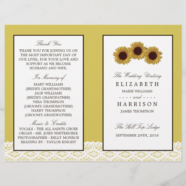 Sunflowers & Vintage Lace Wedding Bi-fold Program (Front)