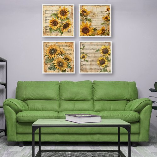 Sunflowers vintage music sheet floral set of four peel and stick photo tile