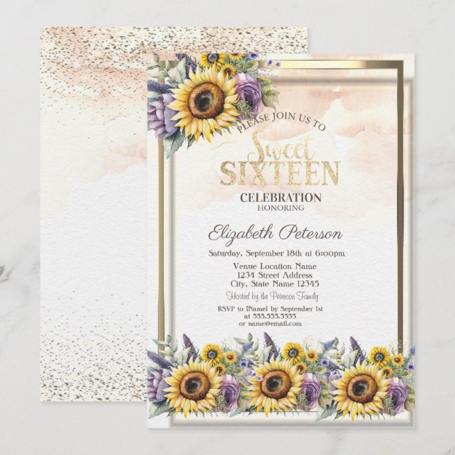  Sunflowers Violet Flowers Frame Sweet 16 Invitation (Front/Back)