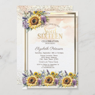Sunflowers Violet Flowers Frame Sweet 16 Invitation
