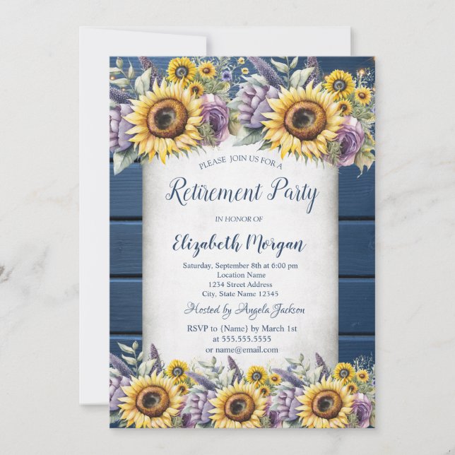 Sunflowers,Violet Flowers Wood Retirement  Invitation (Front)