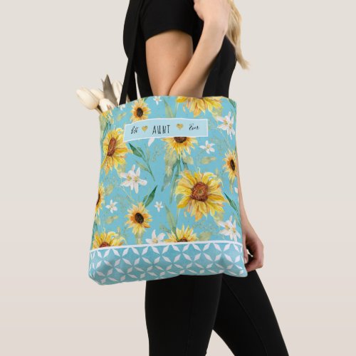 Sunflowers Watercolor Best Aunt Ever Blue Hearts Tote Bag