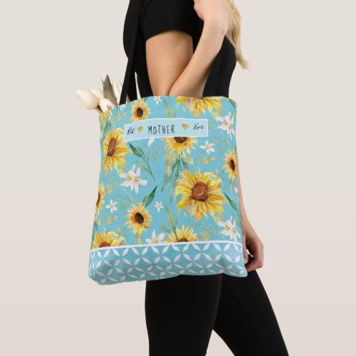 Sunflowers Watercolor Best Mother Ever Blue Hearts Tote Bag