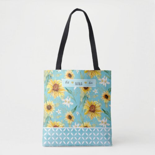 Sunflowers Watercolor Best Nana Ever Blue Hearts Tote Bag