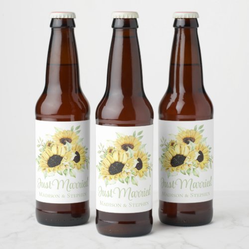  Sunflowers Watercolor Floral Just Married Wedding Beer Bottle Label