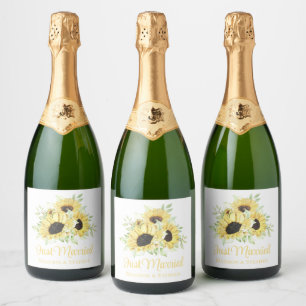 Sunflowers Watercolor Floral Just Married Wedding Sparkling Wine Label