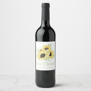 Sunflowers Watercolor Floral Just Married Wedding Wine Label