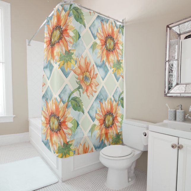 Sunflowers Watercolor floral pattern Shower Curtain (In Situ)