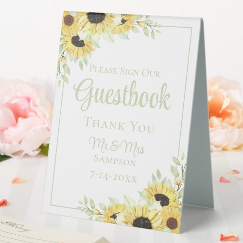 Sunflowers Watercolor Floral Wedding Guestbook Table Tent Sign