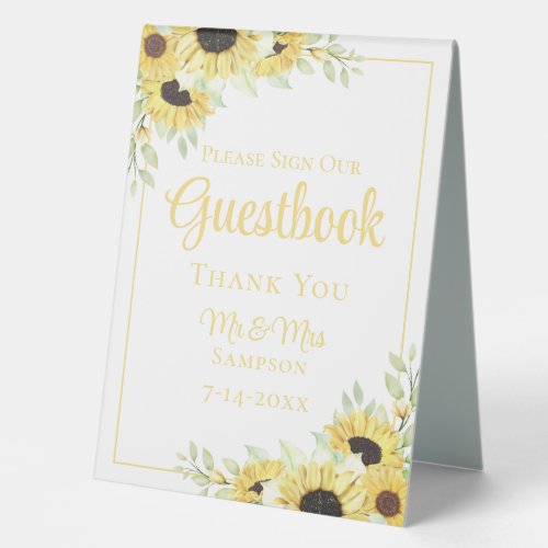 Sunflowers Watercolor Floral Wedding Guestbook Table Tent Sign