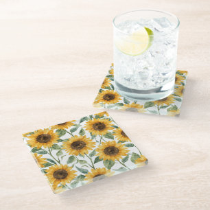 Sunflowers Watercolor Floral Yellow Painting Glass Coaster