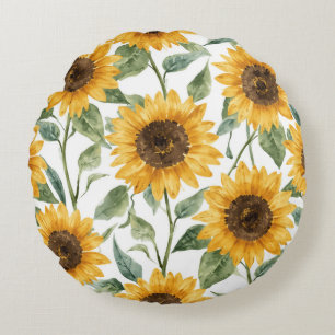 Sunflowers Watercolor Floral Yellow Painting Round Pillow