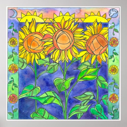 Sunflowers Watercolor Flowers Sun Moon Poster