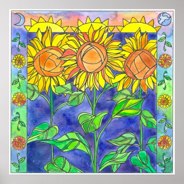 Sunflowers Watercolor Flowers Sun Moon Poster (Front)