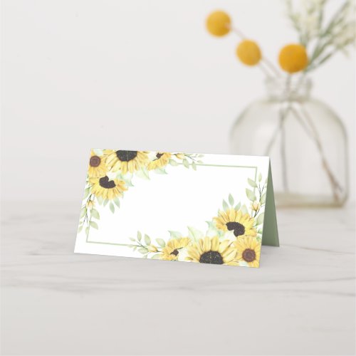 Sunflowers Watercolor Green Yellow Floral Wedding  Place Card