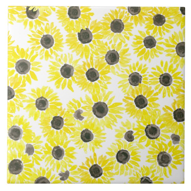 Sunflowers watercolor pattern ceramic tile (Front)