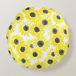 Sunflowers watercolor pattern round pillow