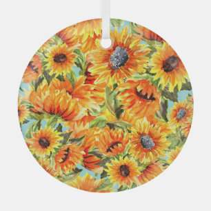 Sunflowers Watercolor: Seamless Illustration Glass Ornament
