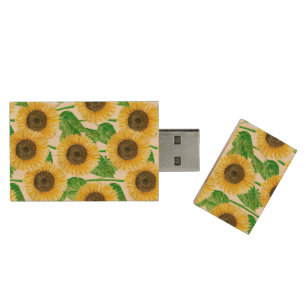 Sunflowers watercolor wood flash drive