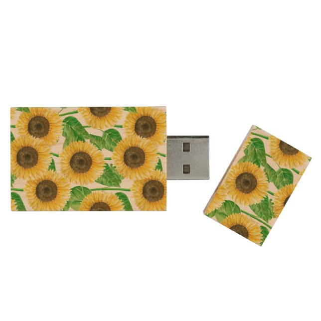 Sunflowers watercolor wood flash drive (Opened)