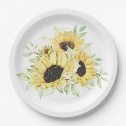 Sunflowers Watercolor Yellow Floral Wedding Party Paper Plates