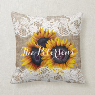 Sunflowers wedding burlap lace newlyweds throw pillow