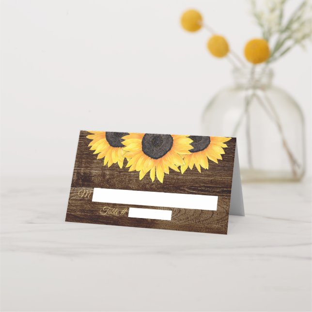 Sunflowers Wedding  Place Cards Rustic Wood (Front)