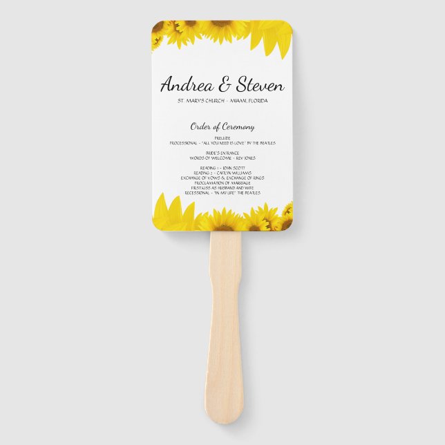 Sunflowers Wedding Program Fan. Helianthus Menu Hand Fan (Front)