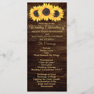 Sunflowers Wedding Program on Wood Country Floral