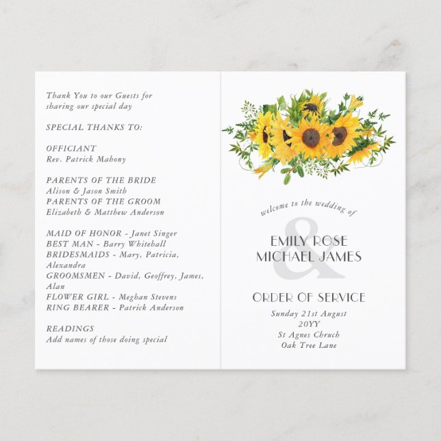 Sunflowers Wedding Program or other Event  Custom (Front)